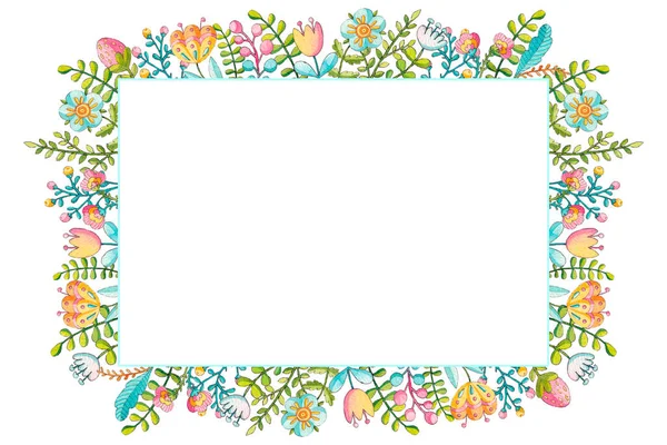 Bahar Paskalya elementlerinden yapılmış bir çerçeve. Beyaz arkaplanda suluboya çizimi.