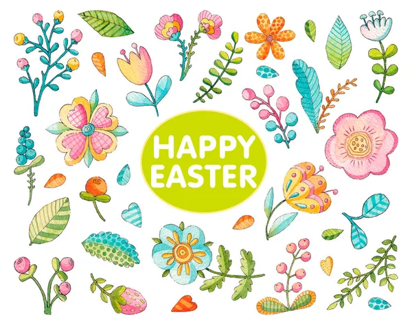 Bir dizi bahar Paskalya elementi. Beyaz arkaplanda suluboya çizimleri.