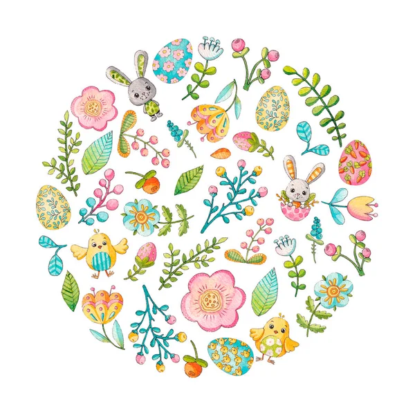 Paskalya kartı, geçmiş. Beyaz arkaplanda bahar suluboya elementleri.