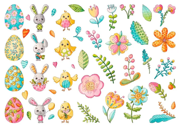 Bir dizi bahar Paskalya elementi. Beyaz arkaplanda suluboya çizimleri.