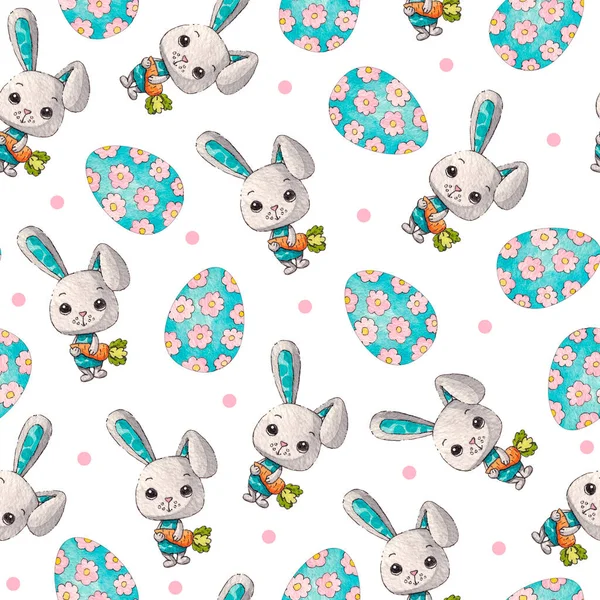 Paskalya yumurtaları ve tavşanlar. Beyaz bir arka planda desen. Bahar Suluboya Çizimi.