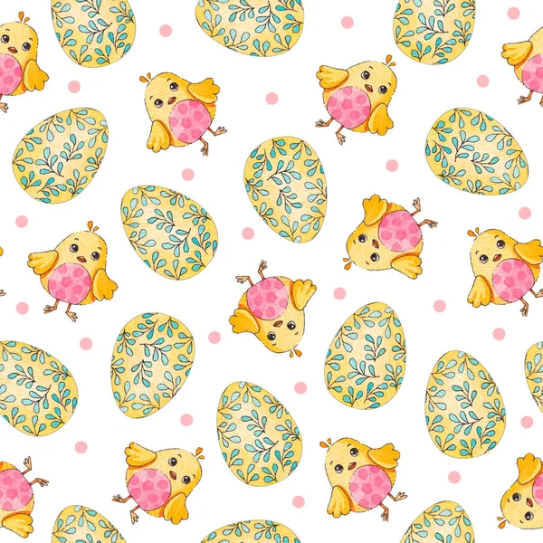 Paskalya yumurtaları ve tavuklar. Beyaz bir arka planda desen. Suluboya çizimi.