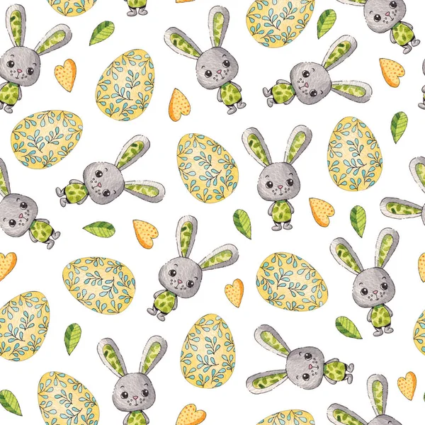 Paskalya yumurtaları ve tavşanlar. Beyaz bir arka planda desen. Bahar Suluboya Çizimi.