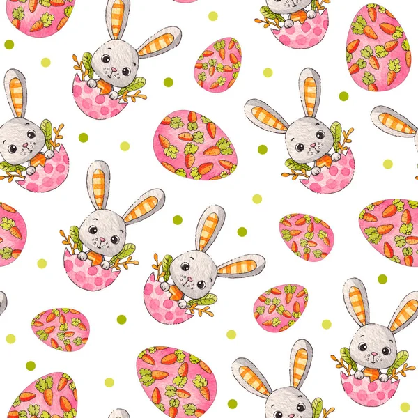 Easter eggs and bunnies. Pattern on a white background. Spring Watercolor illustration.