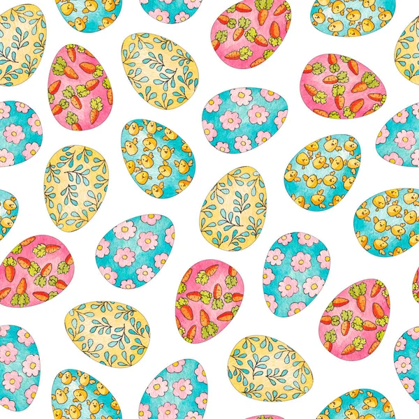 Paskalya yumurtaları. Beyaz bir arka planda desen. Bahar Suluboya Çizimi.