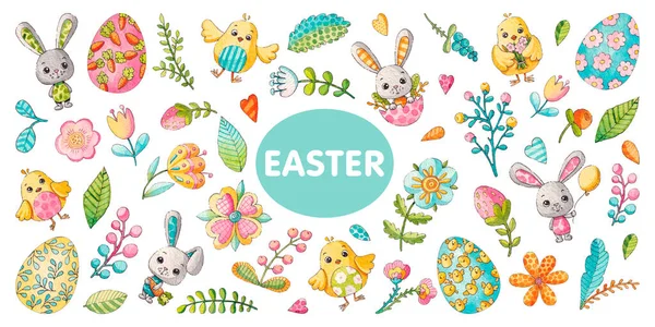 Paskalya resimlerinin bahar seti. Beyaz arkaplanda suluboya ögeleri.