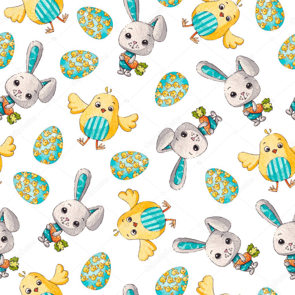 Easter bunnies, chickens and eggs. Easter spring background. Watercolor pattern.
