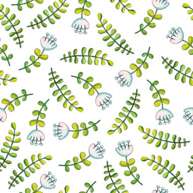 Bahar çizimi: Yapraklar, çiçekler. Renkli suluboya deseni.