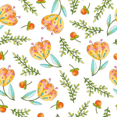 Bahar çizimi: Yapraklar, çiçekler. Renkli suluboya deseni.