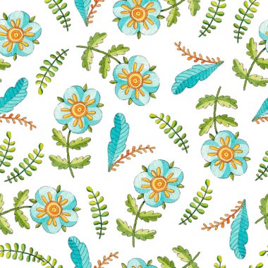 Bahar çizimi: Yapraklar, çiçekler. Renkli suluboya deseni.