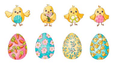 Paskalya suluboya çizimleri. Paskalya tavukları ve yumurtalar.