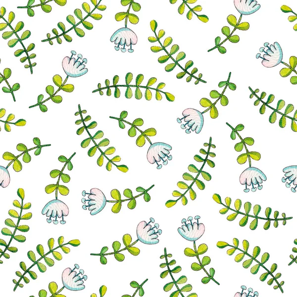 Bahar çizimi: Yapraklar, çiçekler. Renkli suluboya deseni.