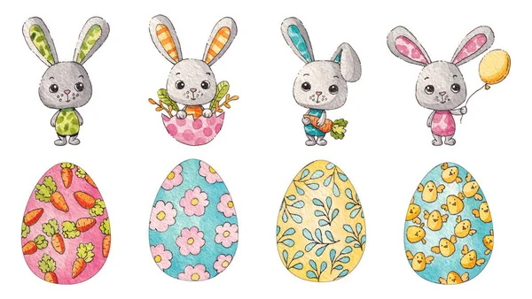 Paskalya suluboya çizimleri. Paskalya tavşanları ve yumurtalar.