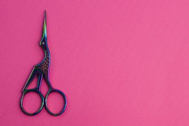 Holografik gökkuşağı balıkçıl makasları, kuş şeklinde kıvrımlı tutacakları olan, parlak pembe arka planda kırpma yolu olan dikiş işleri için.