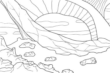 Yetişkinler için büyük kraterler boyama sayfası olan uzaylı fantezi manzarası karala. Fantastik psikedelik grafik sanat eseri. Vektör el çizimi basit düz illüstrasyon.