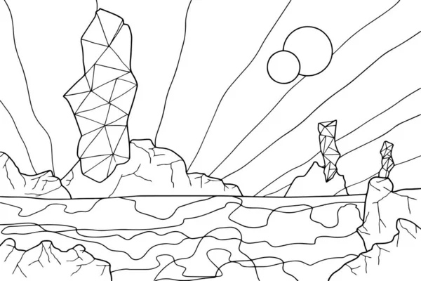 Doodle alien fantasie krater landschap Kleurplaat voor volwassenen printen online. Fantastisch grafisch kunstwerk. Handgetekende illustratie — Stockvector