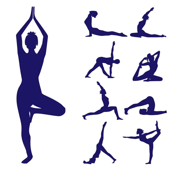 Semplice Illustrazione Vettoriale Piatta Pose Yoga Set Silhouette Femminili Che — Vettoriale Stock