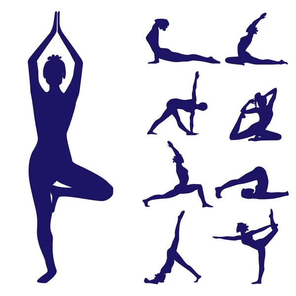 Yoga yapan kadın siluetlerinin basit düz vektör çizimi.