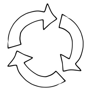 Beyaz arka planda dönen çember oklar. Yenile, doldur, geri dönüştür, döngü dönüş sembolü. Bilgi ve web tasarımı için siyah daire okları. Vektör illüstrasyonu, düz biçim, klip sanatı.