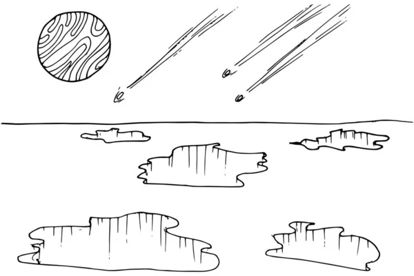 Doodle alieno fantasia cratere paesaggio colorazione pagina per adulti. Fantastica grafica. Illustrazione disegnata a mano — Vettoriale Stock