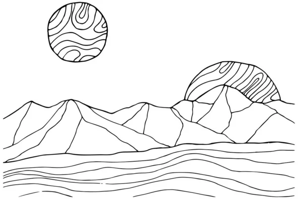 Doodle alien fantasy mountain landscape coloring page for adults. Fantastic graphic artwork. Hand drawn illustration — стоковый вектор