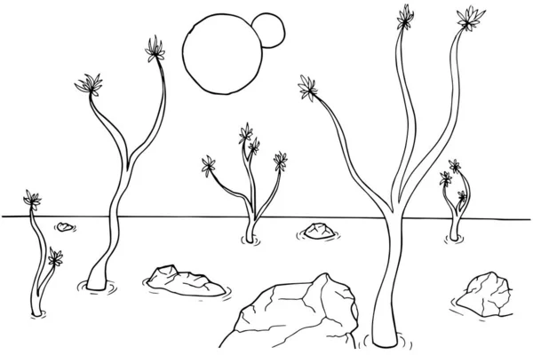 Doodle alien fantasy mountain landscape coloring page for adults. Fantastic graphic artwork. Hand drawn illustration — Stockový vektor