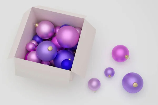 Palline Natale Viola Multiple Ornamenti Lucidi Scatola Sfondo Grigio Chiaro — Foto Stock