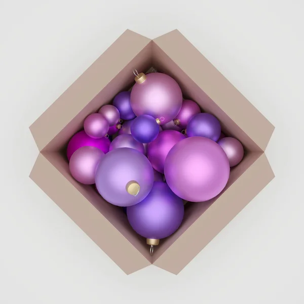Múltiples Bolas Navidad Púrpura Adornos Brillantes Caja Sobre Fondo Gris —  Fotos de Stock