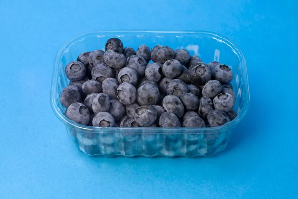 Organic Blueberries Glass Bowl Blue Background Front View Concept Vegan — Photo