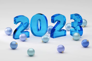 Gri arka planda yumuşak mavi cam Noel işareti 2023. Boşluk. Modern Asgari Yeni Yıl Konsepti 3B canlandırma