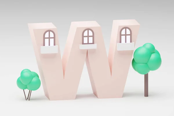 Alphabet Letters Shape Made Tiny House Grey Background Render Letter — Stock Photo, Image