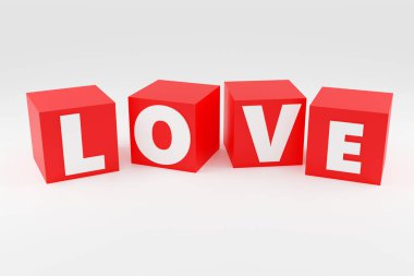 3d word LOVE red cubes on light background with shadow, 3d rendering illustration