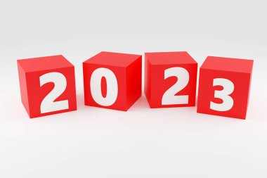 Bright red boxes With Christmas mood sign 2023 On The grey Background. Empty Space. Modern Minimal New Year Concept 3D render Illustration
