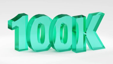 Luxury glass inscription 100k on grey podium, soft light, front view smooth background, 3d rendering