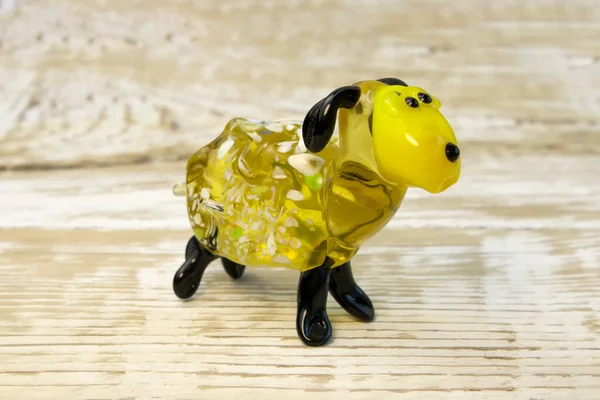 Glass Sheep Animal Figurines Miniature Rough Wooden Background Front View — Stockfoto