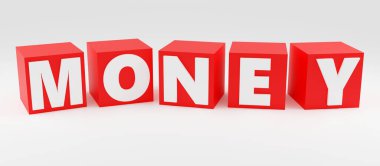 3D biçimlendirilmiş kırmızı küp işareti beyaz arkaplanda para yazıyor