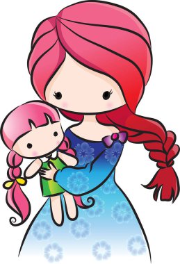 vektör karikatürü. Sevimli kız. Bir bebek tut.