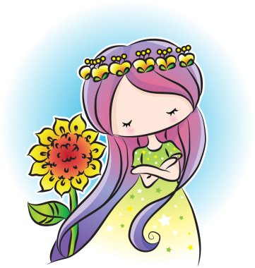 Büyük ayçiçekleri olan vektör karikatür kızı