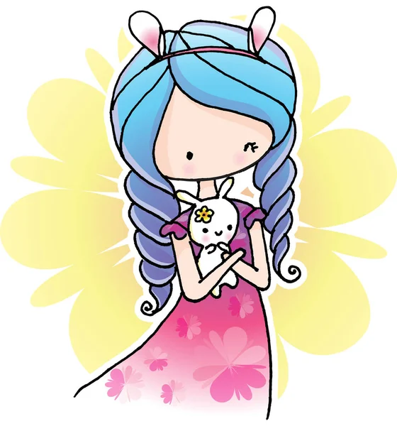 Vektor Cartoon Schöne Süße Mädchen Halten Kaninchen — Stockvektor