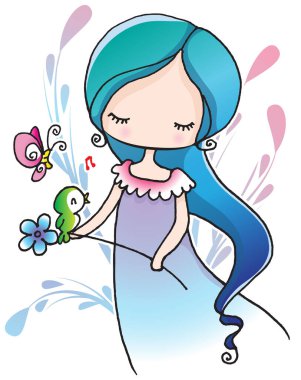 vektör karikatür küçük kız yeşil kuşla