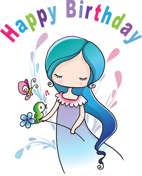 Vetor Desenho Animado Menina Feliz Cartão Aniversário — Vetor de Stock