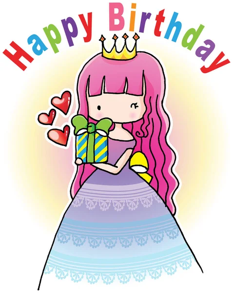 Vector Cartoon Little Princess Hold Gift Birthday Card — Stock Vector