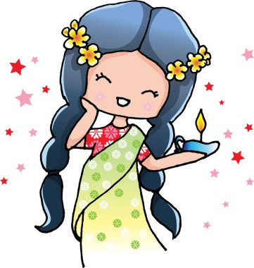 Mutlu Diwali vektör çizgi filmi Hintli küçük kız elinde lamba tutuyor.