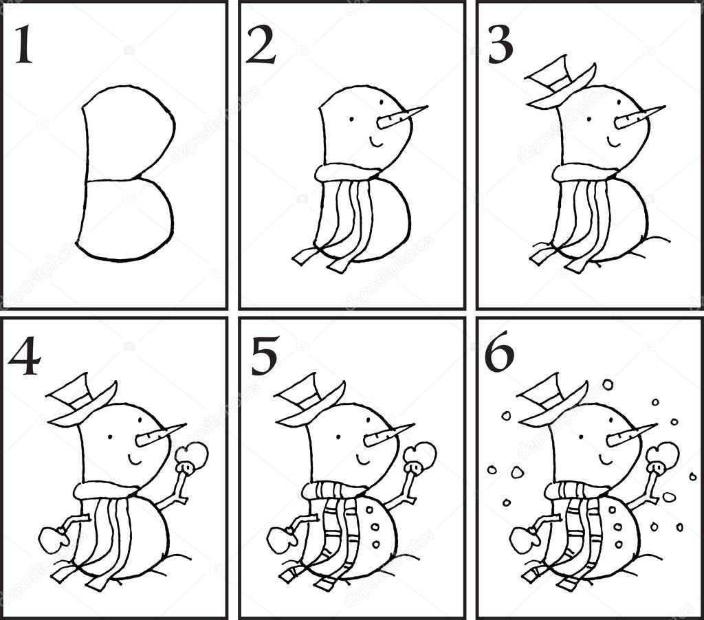 easy cartoon drawing snowman step by step