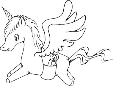 Vektör siyah beyaz tek boynuzlu at karikatürü çiziyor