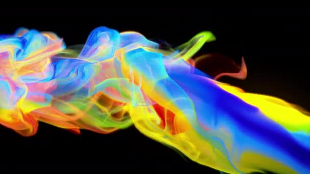 Iriserende regenboog verf inkt druppels in water inktzwarte wolk wervelende rook alfa — Stockvideo