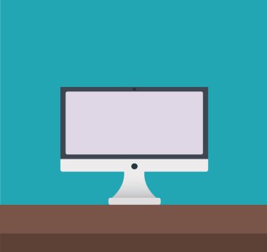 Mavi Arkaplanda Beyaz Bilgisayar Masaüstü. Düz Tasarım.