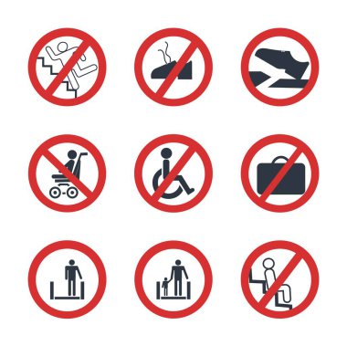 Yürüyen merdivenlerde bir dizi kaza önleme işareti var. Vektör illüstrasyonu