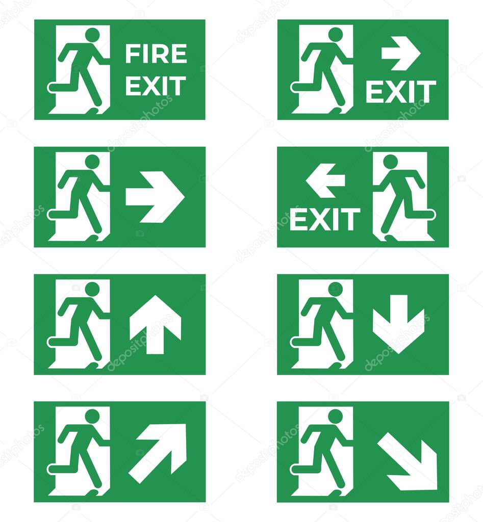 Set of green fire exit icons. Concept of emergency and evacuation. Vector illustration