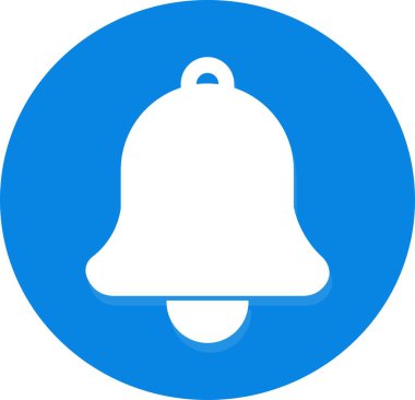 Mavi arka planda beyaz çan simgesi. Alarm çalma, hatırlatma ve abonelik kavramı. Vektör illüstrasyonu